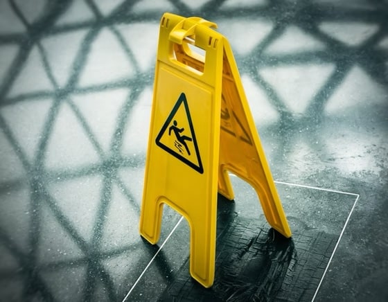 A bright yellow wet floor caution sign featuring a slipping person icon, placed on a dark tile floor with geometric shadows.