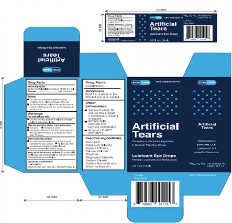 A flattened product packaging template for EzriCare Artificial Tears Lubricant Eye Drops, displaying Drug Facts, directions for use, warnings, and inactive ingredients.