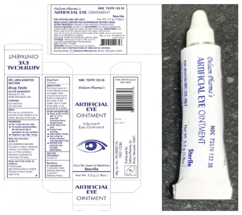 Product packaging template and a physical tube of Delsam Pharma's Artificial Eye Ointment, showing Drug Facts, active ingredients, and usage instructions for the sterile eye lubricant.