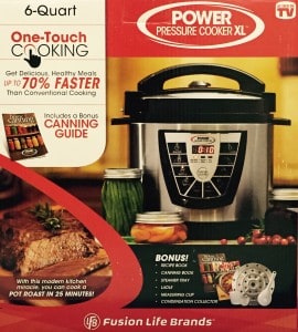 Product box for the 6-Quart Power Pressure Cooker XL by Fusion Life Brands, featuring a photo of the appliance alongside a pot roast, canned jars, and a list of bonus accessories like a canning guide and steamer tray.
